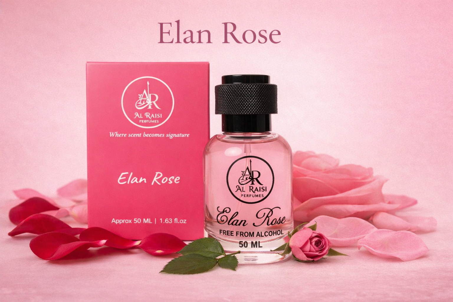 Elan Rose alcohol free perfume by Al Raisi Perfumes with rose petals and pink packaging