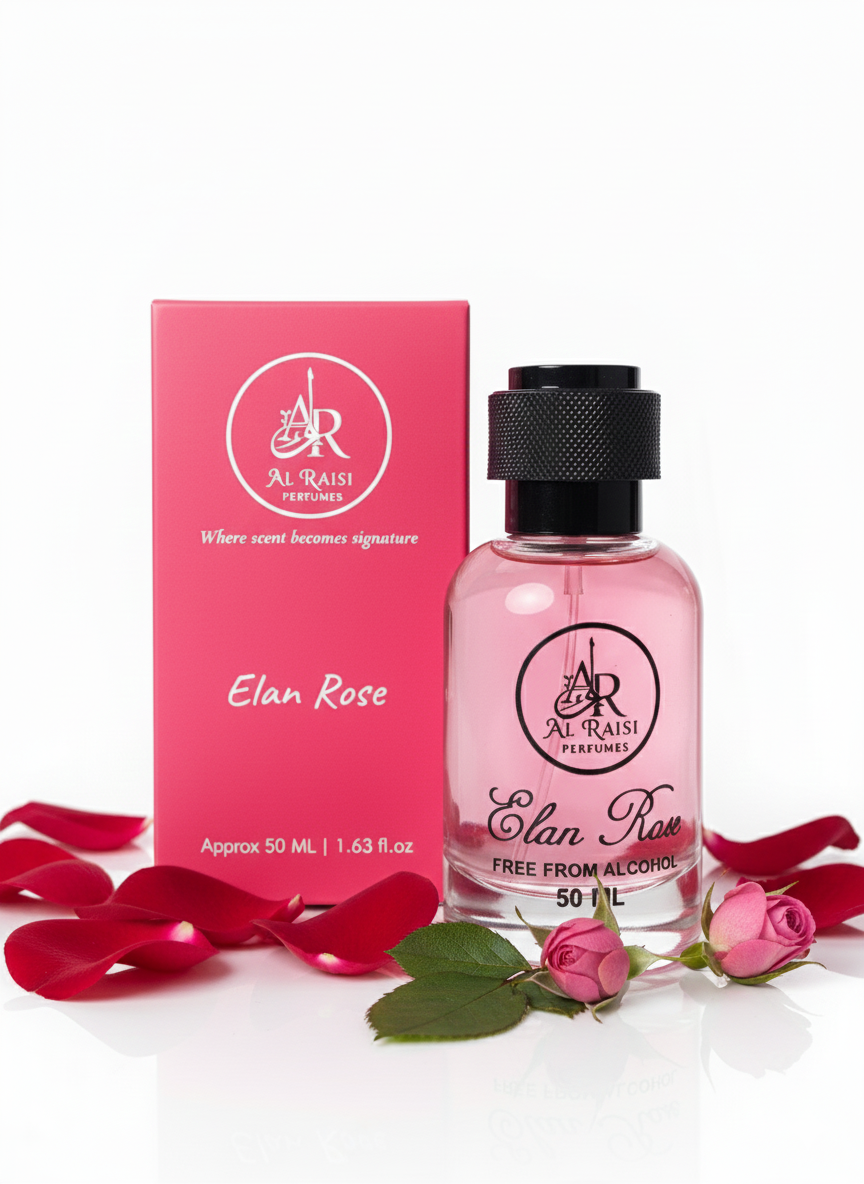 Elan Rose alcohol free perfume by Al Raisi Perfumes with rose petals and pink packaging